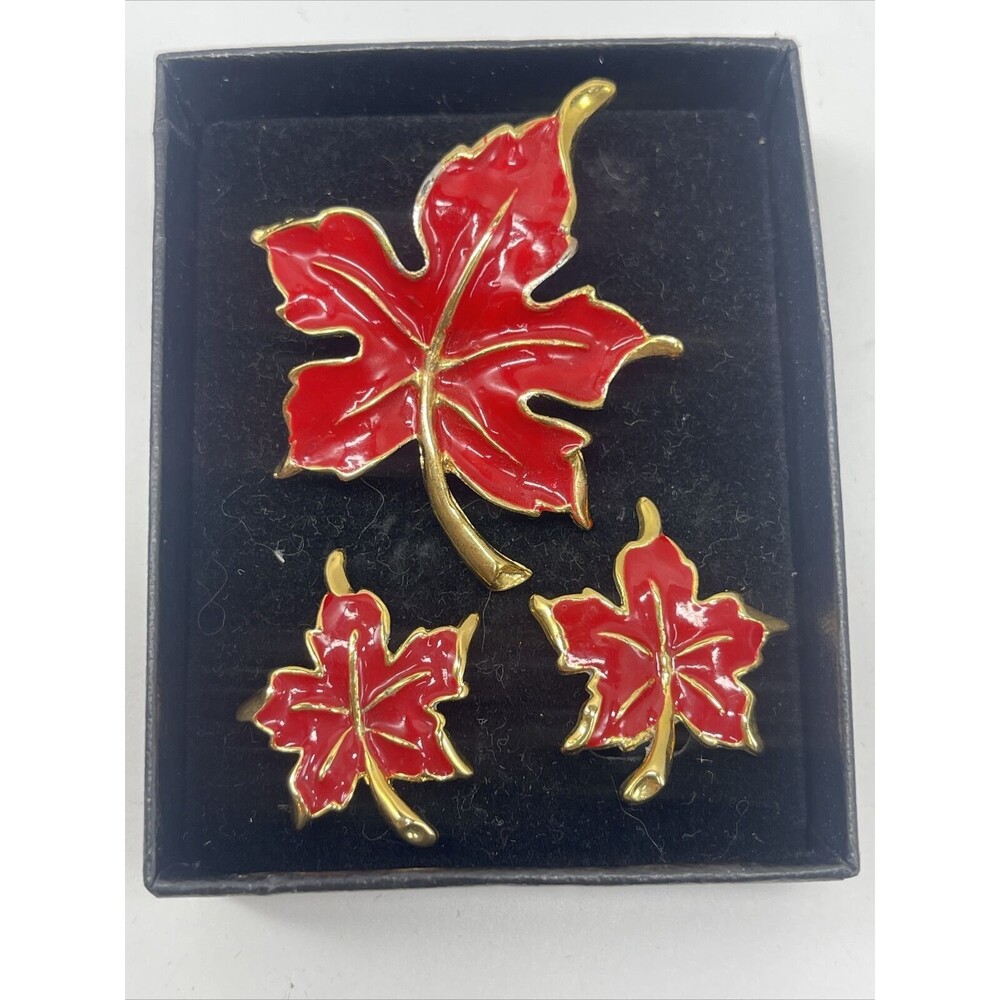Gold Tone Red Enamel Leaf Brooche And Matching Clip Earring Set New